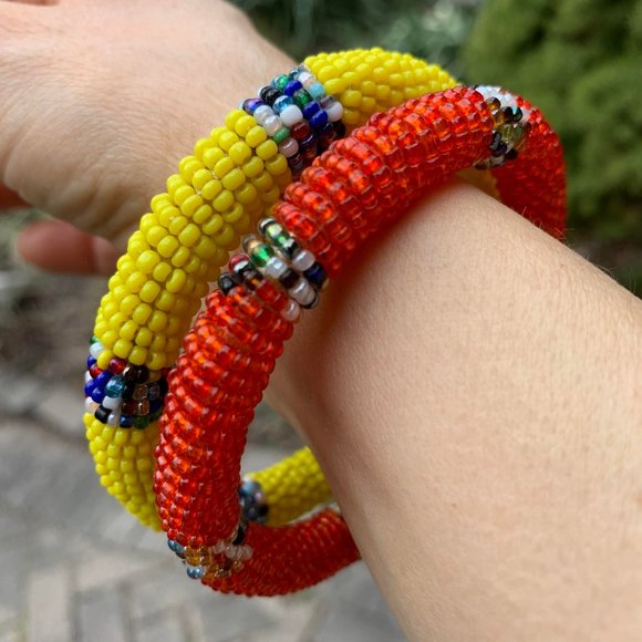 🌷3 for$25🌷2 African Style Beaded Orange & Yellow Bangle Seed Bead Bracelet - Picture 1 of 7